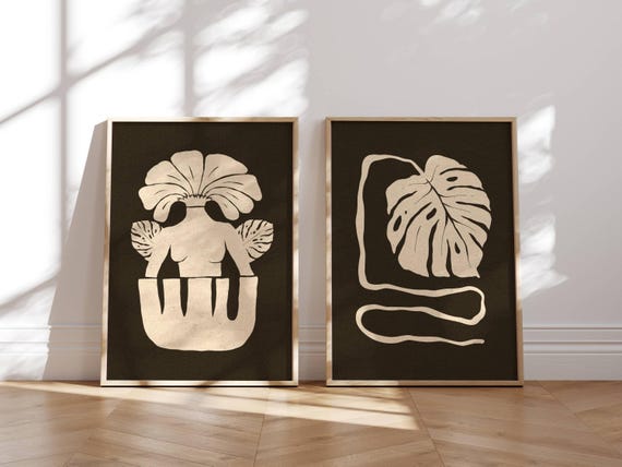 Mid Century Modern Monstera Leaf Prints, Minimalist Boho Botanical Wall Art Set Of 2, Vintage Posters, Retro Nature-Inspired Home Decor