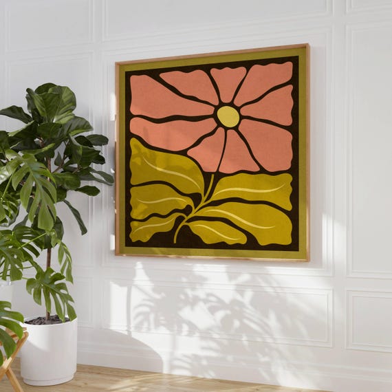 Groovy 70s Flower Art Print, Matisse Inspired Retro Wall Decor in Summer Colors, Mid Century Modern Botanical Poster, Vintage 60s Home Vibes