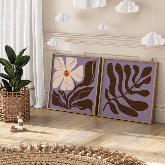 Retro Floral Wall Art Set Of 2, Abstract Matisse-Inspired Botanical Prints – Groovy 70s Style Wall Decor for Mid Century & Boho Spaces