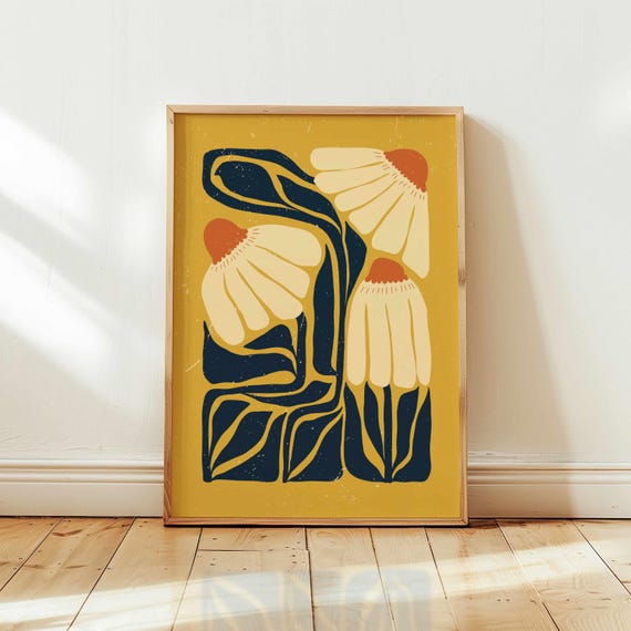 Abstract Floral Wall Art – Retro Daisy Print in Vibrant Summer Colors, Matisse Style Botanical Poster, Mid Century Modern Vintage Decor
