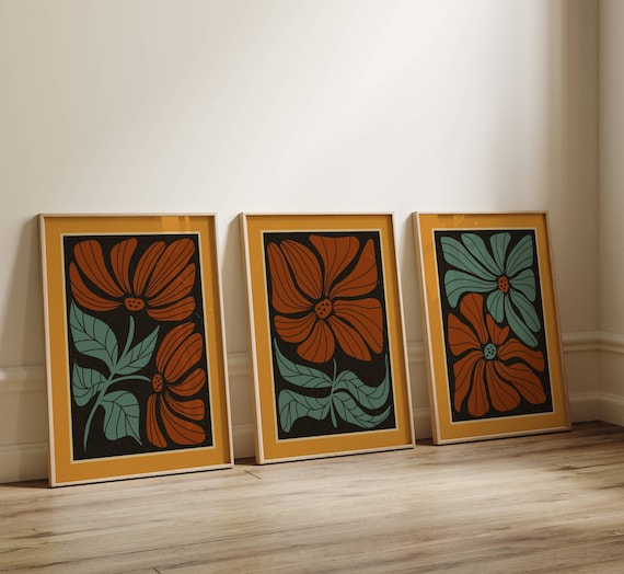 Retro Floral Wall Art – Abstract 70s Style Botanical Prints in Burnt Orange & Teal, Groovy Vintage Flower Posters for Mid Century Boho Decor