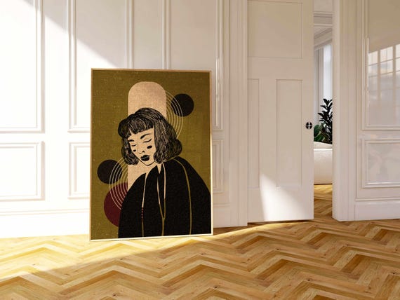 Boho Woman Portrait Print: Mid Century Modern Olive Burgundy Wall Art