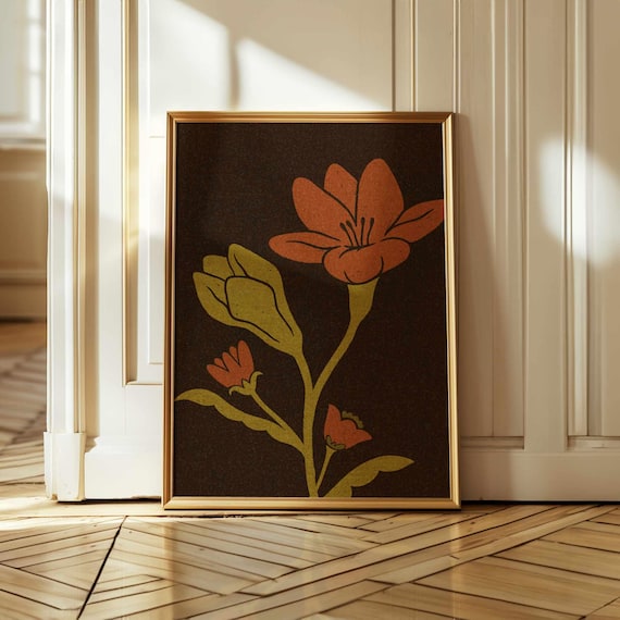 Moody Retro Floral Print — Abstract 70s Flower Poster in Earthy Tones, Vintage Style Botanical Wall Art for Mid Century Boho Home Decor