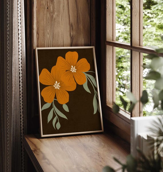 Moody Retro Floral Print, Vintage Style Botanical Wall Art in Earthy Tones, Cozy Flower Poster for Mid Century or Rustic Boho Decor