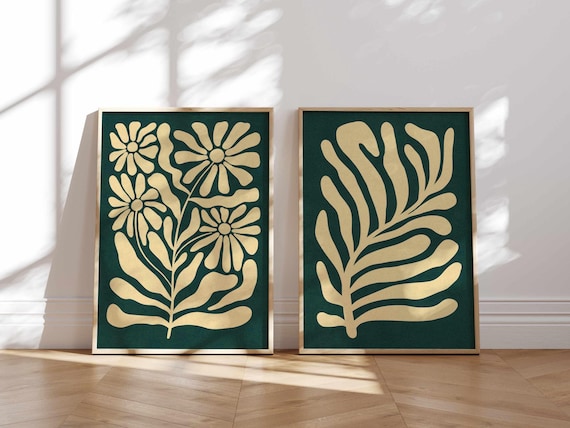 Abstract Retro Botanical Wall Art — Vintage Style Floral Prints in Teal and Cream, Organic Plant Shapes, Mid Century Modern Boho Decor