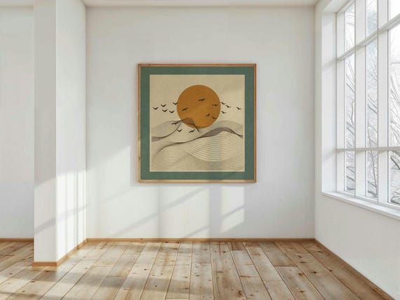 Japandi Sunrise Print: Minimalist Landscape with Birds, Abstract Nature Wall Art, Calm Home Decor