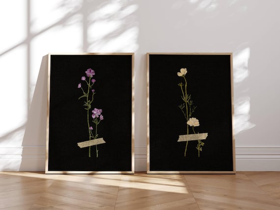 Floral wall art set of 2 prints with vintage wildflowers — botanical prints perfect for cottagecore, farmhouse decor & cozy reading nooks