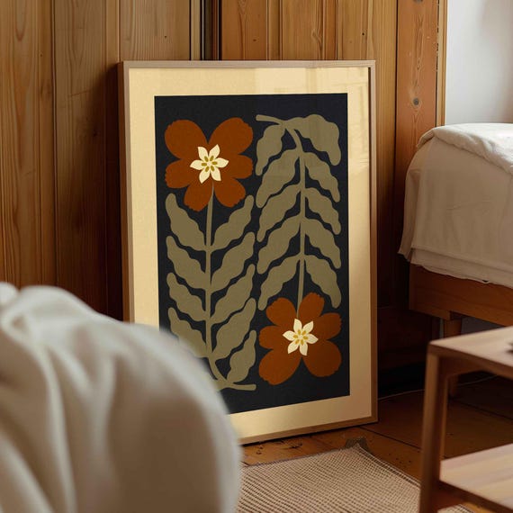 Retro Floral Print: Mid Century Modern Botanical Wall Art, Earthy Vintage Decor