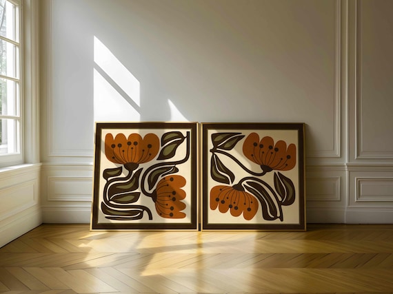 Retro Floral Print Set: Terracotta & Olive Botanical Art, Mid-Century Modern Boho Decor