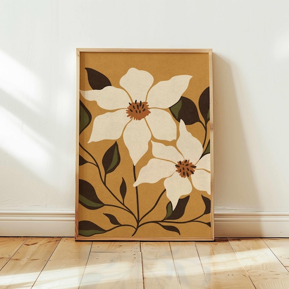 Vintage Floral Print – Cream & Ochre Boho Botanical Art, Earthy Retro Home Decor