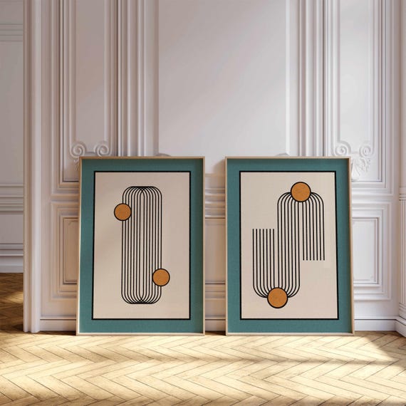 Mid Century Modern Print Set – Teal & Orange Geometric Art, Abstract Minimalist Wall Decor
