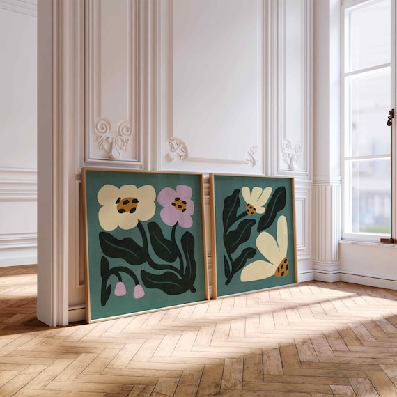Retro Floral Wall Art Set: Groovy Botanical Prints, 70s Inspired Home Decor