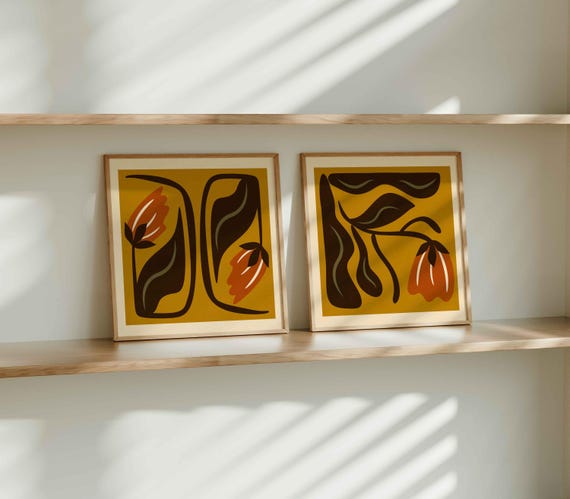 Retro Floral Print Set of 2 — Mustard & Burnt Orange Botanical Wall Art, Mid Century Modern Decor