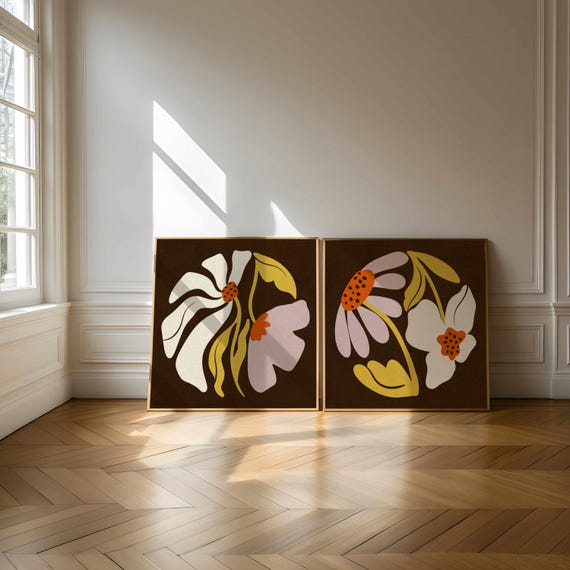 70s Floral Print Set: Retro Botanical Gallery Wall Art, Mid Century Modern Boho Decor