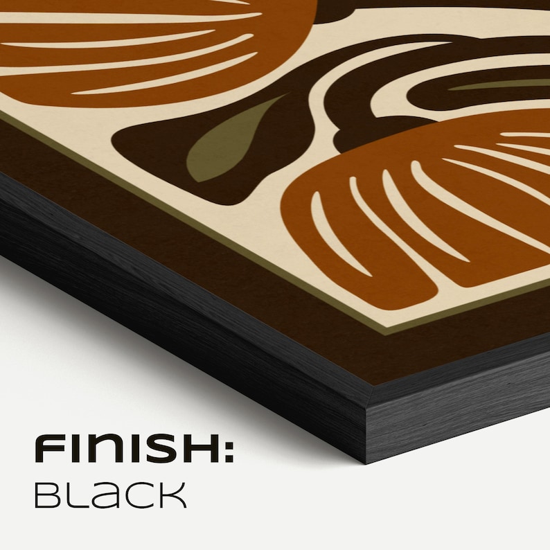 May include: Abstract art print in a black frame. The artwork features a beige background with brown and olive-green organic shapes. The text "FINISH: BLACK" is printed in white at the bottom.