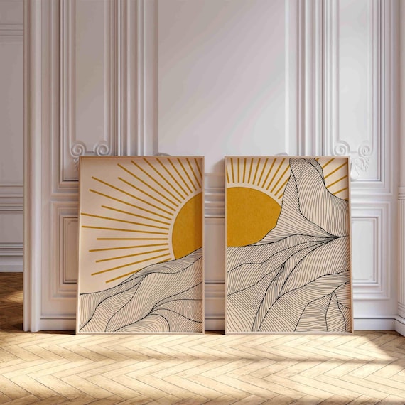 Japandi Mountain and Sun Print Set: Minimalist Line Art, Calm Boho Home Decor