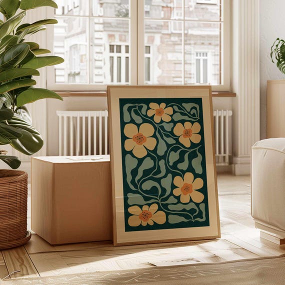 70s Retro Floral Print, Matisse Style Flower Poster in Teal, Beige and Orange, Vintage Botanical Wall Art for Mid Century Boho Decor