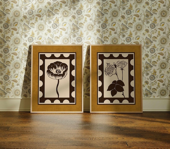 Vintage Botanical Print Set: Poppy and Rose Floral Wall Art, Rustic Cottagecore Home Decor