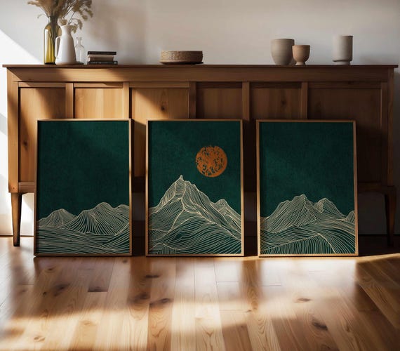 Mountain Line Art Print Set: Emerald Green Landscape Triptych, Minimalist Japandi Decor