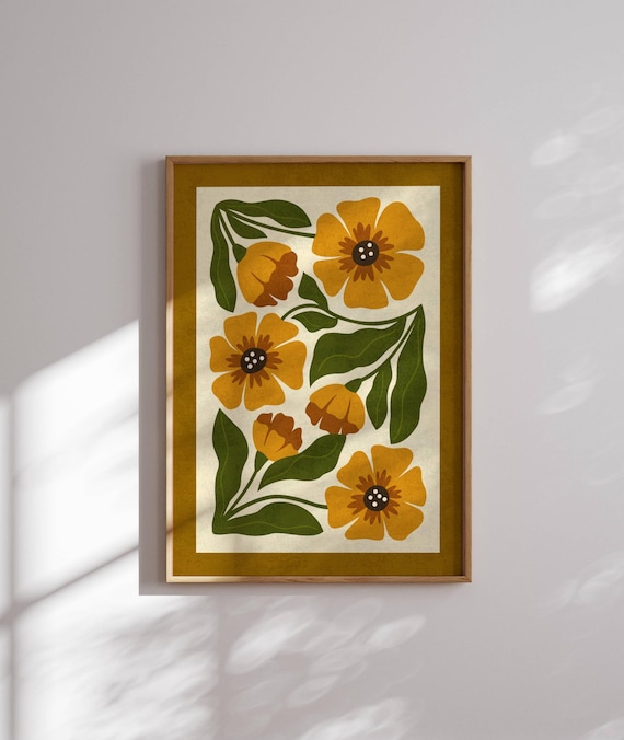 70s Aesthetic Floral Print, Retro Wall Art, Botanical Prints, Retro Poster, 70s Inspired Flower Wall Art, Mid Century Wall Art, 70s Decor