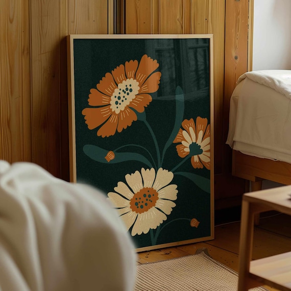 70s Floral Wall Art: Abstract Retro Flower Print, Mid Century Modern Botanical Poster