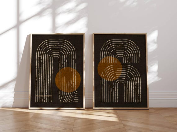 Set of 2 Mid Century Modern Wall Art, Japandi Decor Print Set, Abstract Geometric Arch Prints, Burnt Orange and Black, Minimalist Boho Art