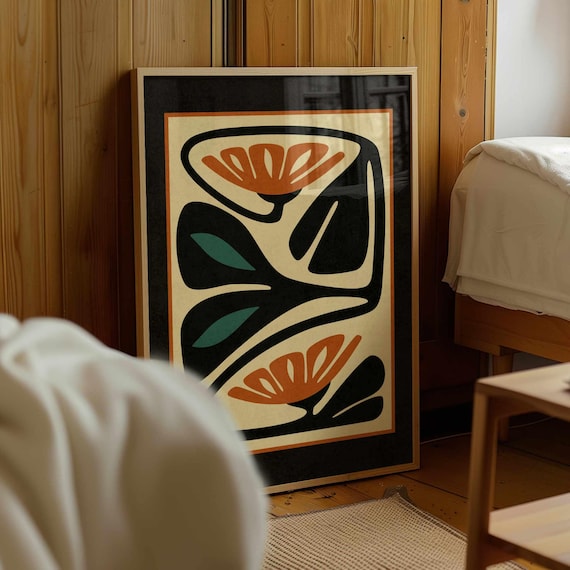 Abstract Mid Century Flower Print – Retro Floral Wall Art in Black, Burnt Orange & Teal, Modern Boho Botanical Poster for Eclectic Interiors