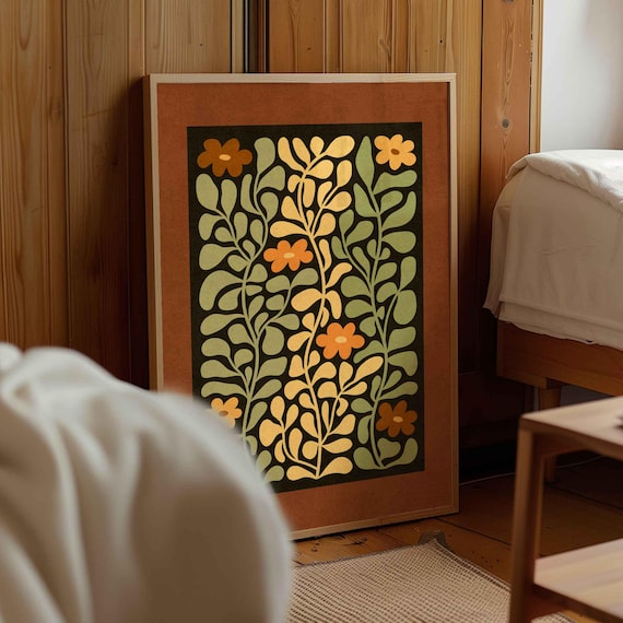 Retro 70s Floral Print: Mid Century Modern Botanical Wall Art, Earth Tone Vintage Decor