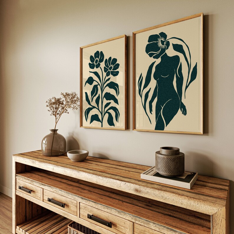 Mid Century Modern Print Set: Abstract Woman and Flower Wall Art ...