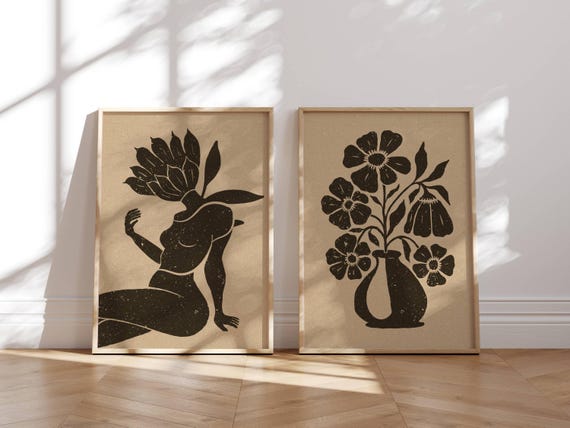Mid Century Abstract Art, Set of 2 Prints in Earth Tones, Matisse Inspired Woman and Flowers, Boho Aesthetic Living Room Wall Decor
