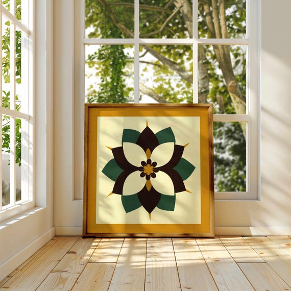 Retro Floral Print — Ochre & Emerald Green Botanical Art, Mid Century Modern Boho Decor