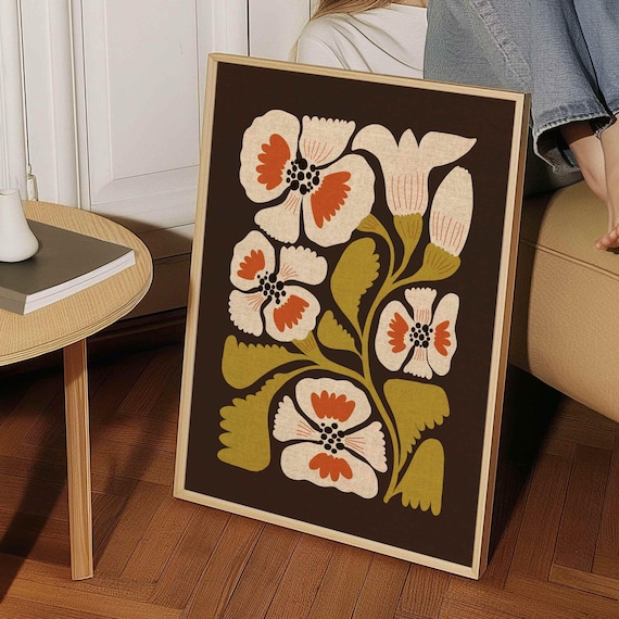 Framed 70s Retro Floral Print: Mid Century Modern Botanical Wall Art, Matisse Flower Poster