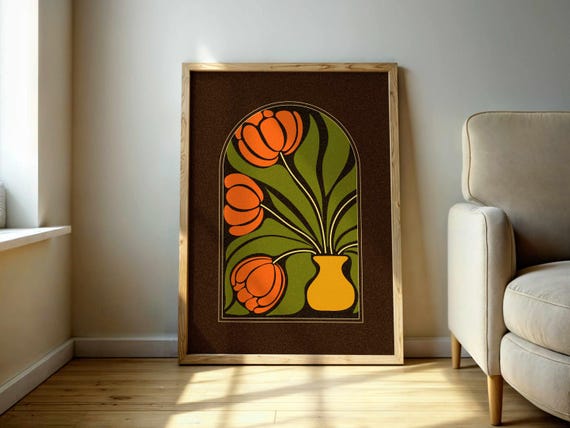 Floral Print of Abstract Tulips in Retro 70s Mid-Century Modern Style—Groovy Vintage Wall Decor with Bold Colors to Spark Retro Vibes.