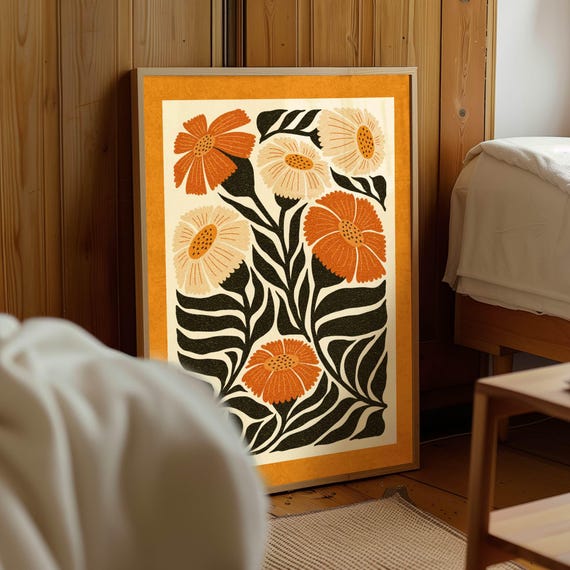 Mid Century Modern Floral Print — Retro Botanical Wall Art, Vintage Decor