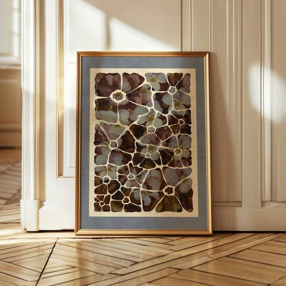 Abstract Pansy Wall Art, Vintage Violet Flower Print – Mid Century Botanical Wall Art with Blue Mat for Cozy, Boho or Retro Style Home Decor