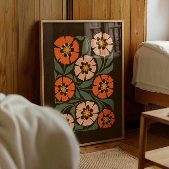 Moody Floral Wall Art — Retro Botanical Print in Earthy Colors, Vintage Style Flower Poster for Mid Century or Cozy Boho Home Decor