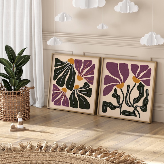 Abstract Retro Floral Wall Art Set Of 2, Groovy Matisse-Inspired Botanical Prints – 70s Aesthetic Wall Decor for Mid Century & Boho Spaces