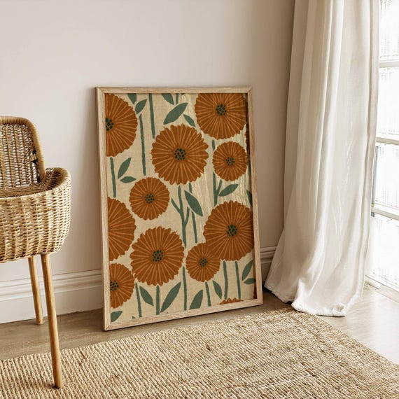 Retro Botanical Print, Vintage Style Flower Poster in Warm, Earthy Colors - Neutral Floral Wall Art for Cozy Nooks and Boho Home Decor