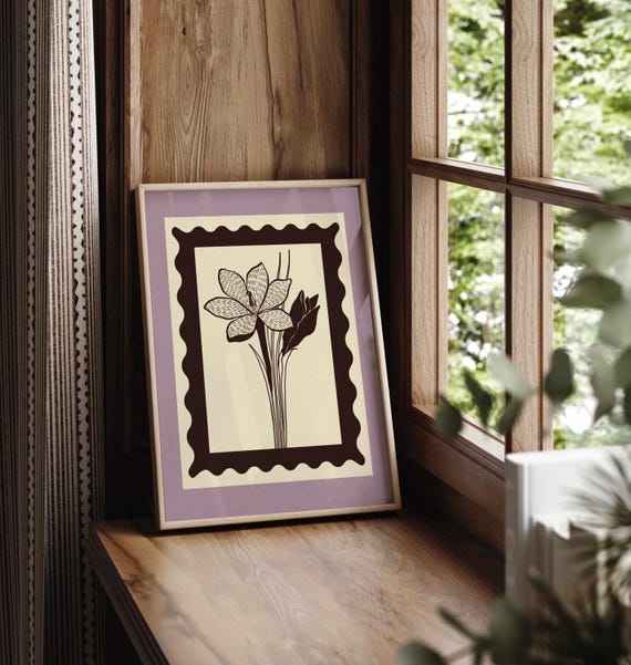 Vintage Style Botanical Print, Cottagecore Floral Wall Art in Lavender and Brown, Rustic Wildflower Poster for Cozy Retro Home Decor