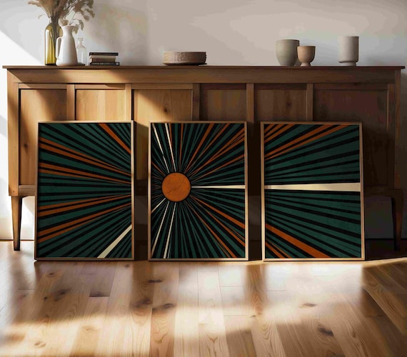 Abstract Geometric Print Set: Mid Century Modern Triptych, Teal & Burnt Orange Wall Art