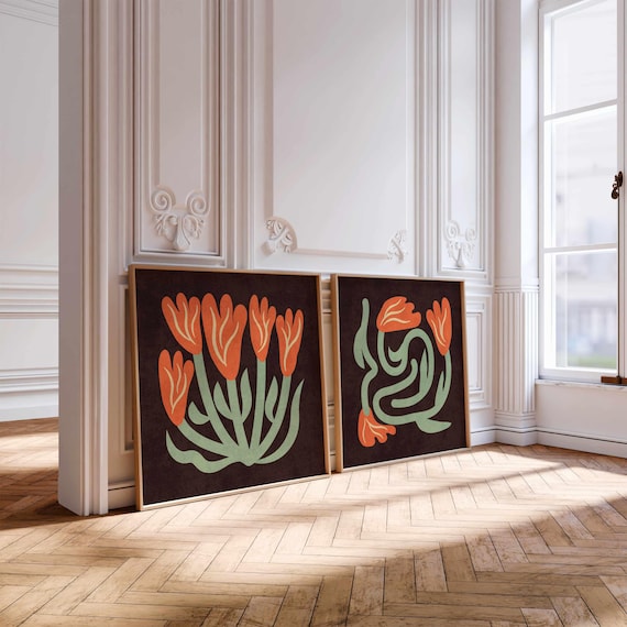 Retro Floral Print Set: Abstract Botanical Wall Art, Mid-Century Modern Boho Decor