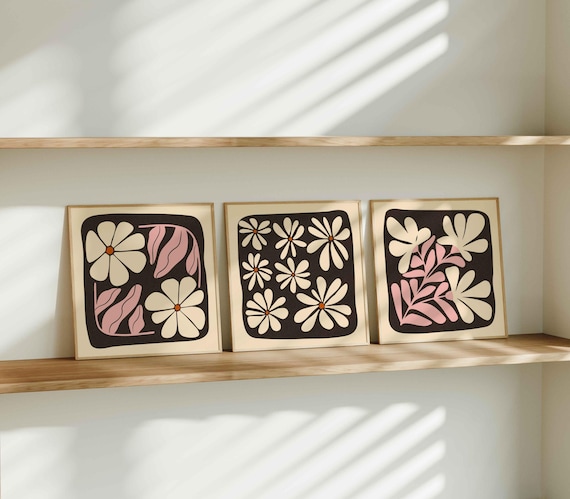 Retro Floral Print Set of 3: 70s Botanical Wall Art, Mid Century Modern Decor