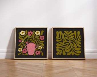 Aesthetic Retro Flower Print Set, Retro Wall Art, Groovy Matisse Print Set, Funky Wall Art, 70s Decor, Mid Century Wall Art, 70s Wall Art