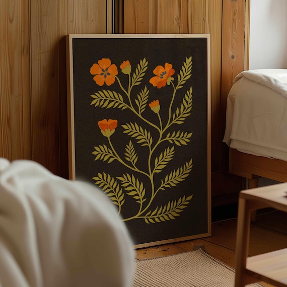 Framed Vintage Botanical Print — Scandinavian Folk Floral Wall Art, Mid Century Decor