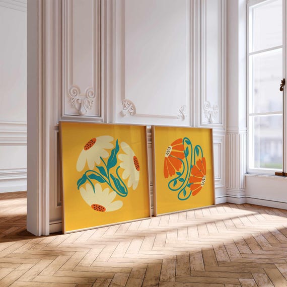 Retro Floral Print Set: Mid-Century Botanical Art, 70s Groovy Flower Posters