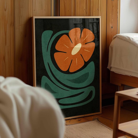 Mid Century Modern Floral Print — Burnt Orange & Teal Botanical Art, Retro Boho Decor