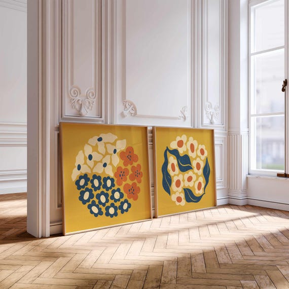 Retro Floral Wall Art: Groovy 70s Botanical Print Set, Mid Century Modern Boho Decor