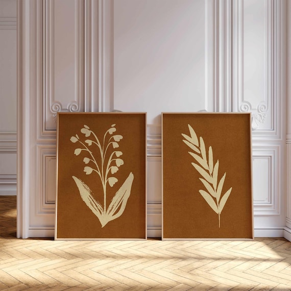 Minimalist Floral Wall Art Set, Vintage Style Botanical Prints in Earthy Tones, Retro Plant Posters for Boho & Nature Inspired Home Decor