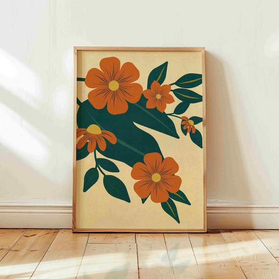 Retro Floral Print: 70s Boho Botanical Wall Art, Vintage Home Decor