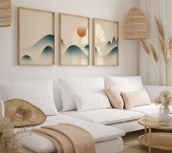 Minimalist Mountain Triptych: Japandi Landscape Print Set, Calm Nature Wall Decor